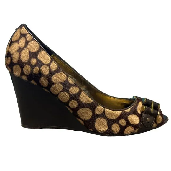 J Crew Collection Animal Print Calf Hair Peep Toe Horsebit Wedge Shoes Womens 8 - Picture 3 of 16
